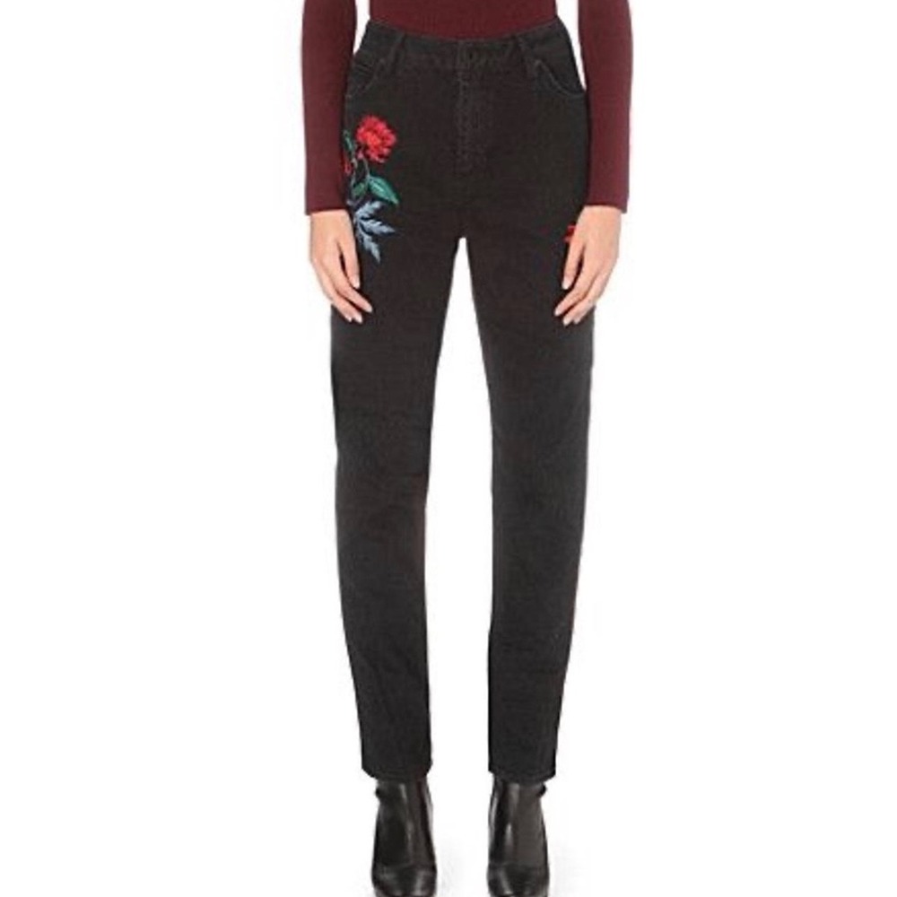 Sandro Paris Black Embroidered Floral Crane Slim Straight Jeans Size 38